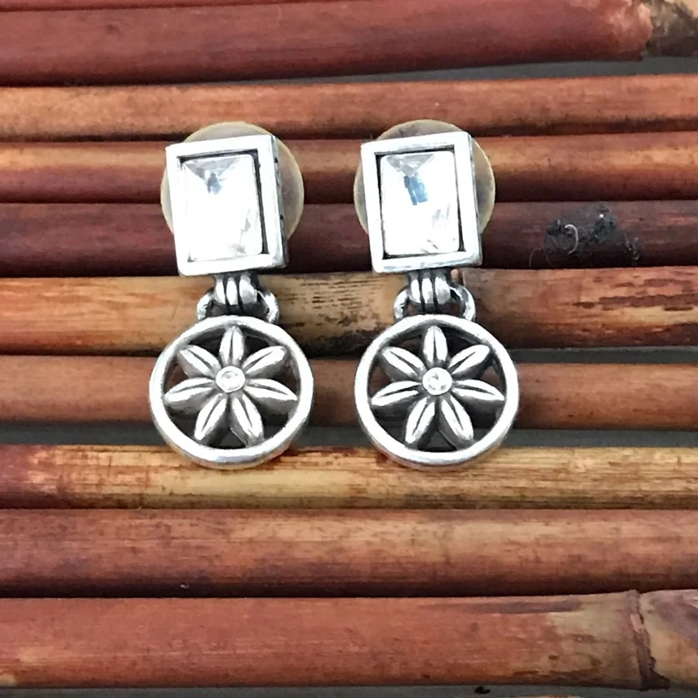 Brighton Silver Floral & Crystal Drop Post Earrings